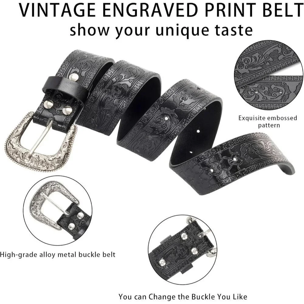 Women's Black 2 Adjustable Vintage Western Belts Engraved Buckle Cowgirl Belt